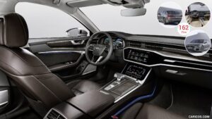 A car with the dashboard and steering wheel in it