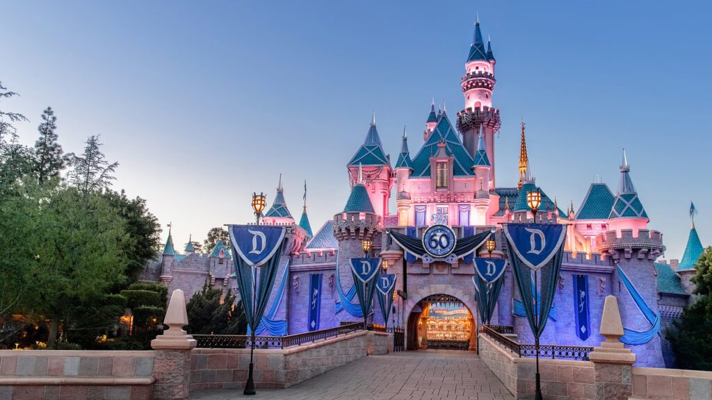 A castle with flags and banners on it