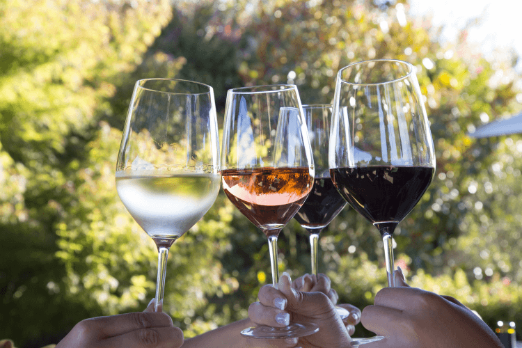 A group of people holding wine glasses in front of trees.