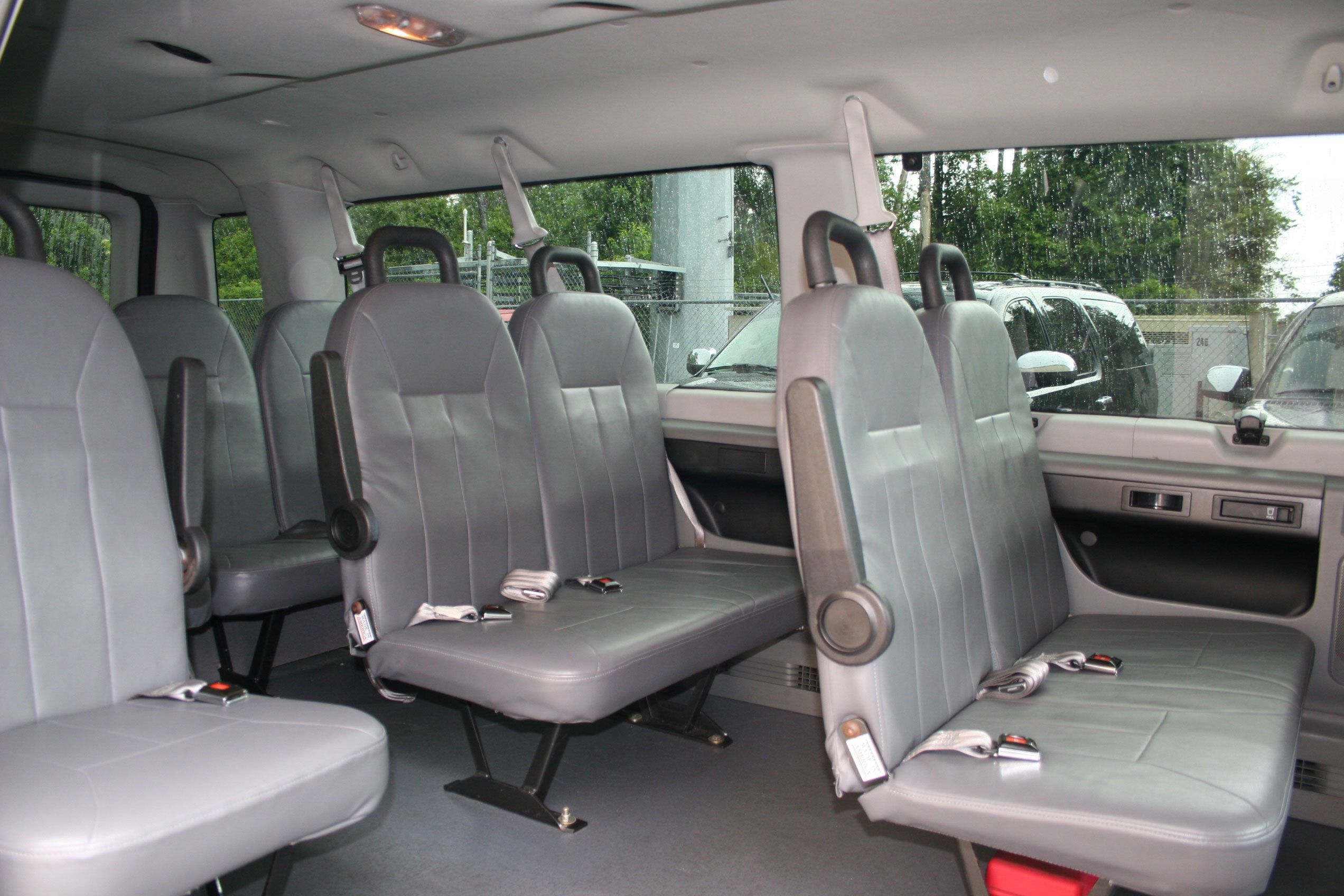 A van with many seats in it