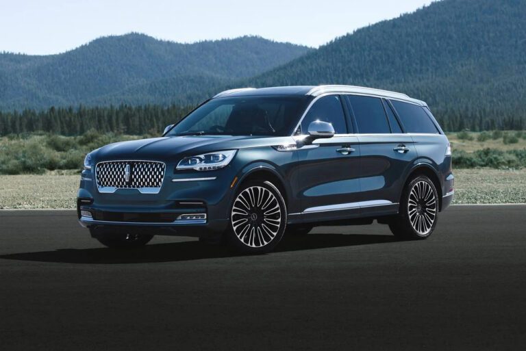 A blue lincoln aviator parked on the side of a road.