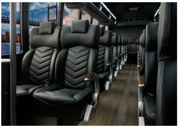 A large bus with many seats in it