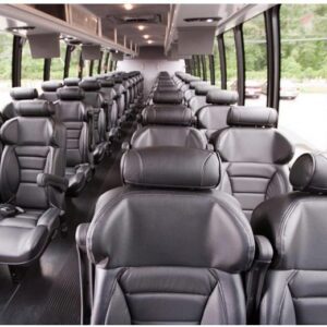 A large bus with many seats in it