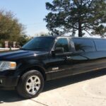 A black limo parked in the driveway of a house.