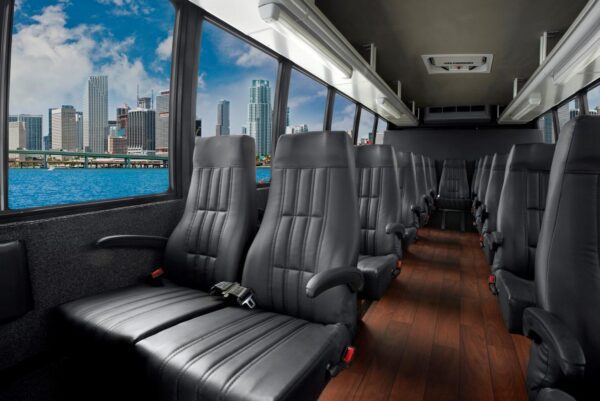 A large bus with many seats in it