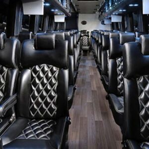 A bus with many seats in it