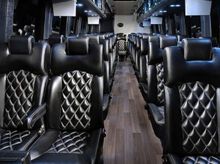 A bus with many seats in it