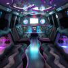 A party bus with purple lights and pink lighting.