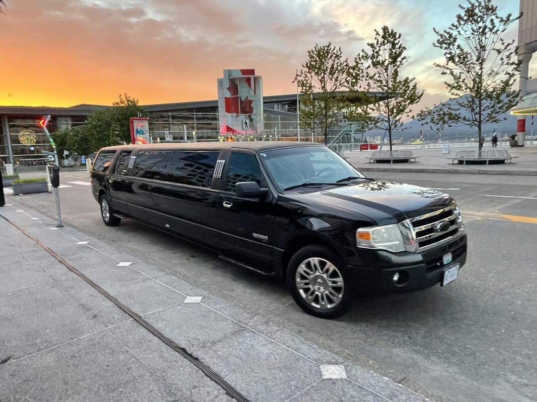 A black limo is parked on the street.