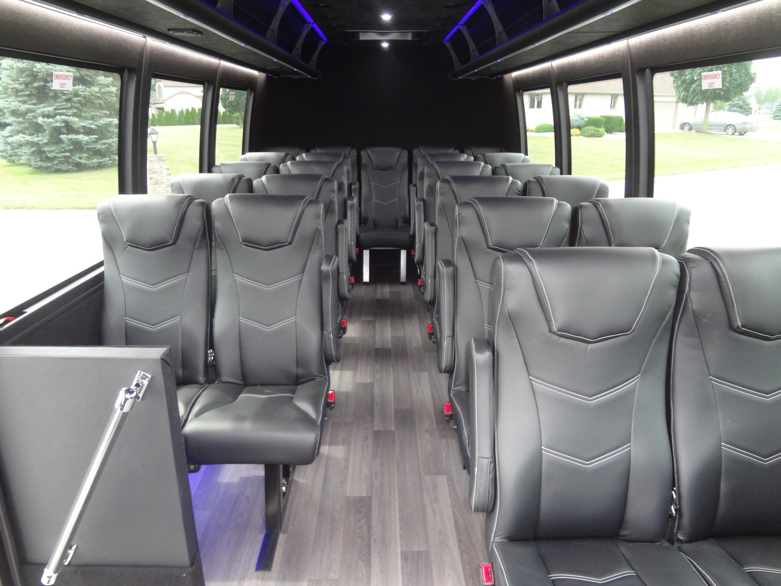 A large bus with many seats in it