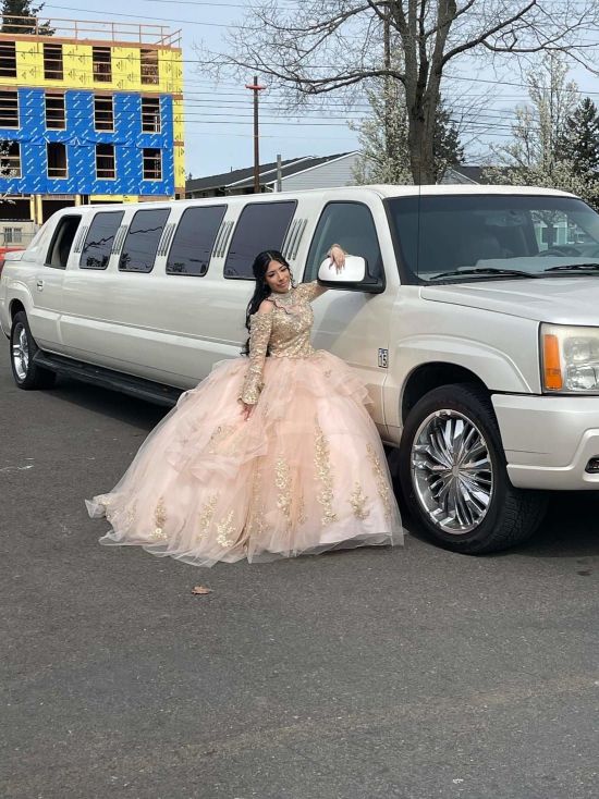 A woman in a long dress standing next to a limo.