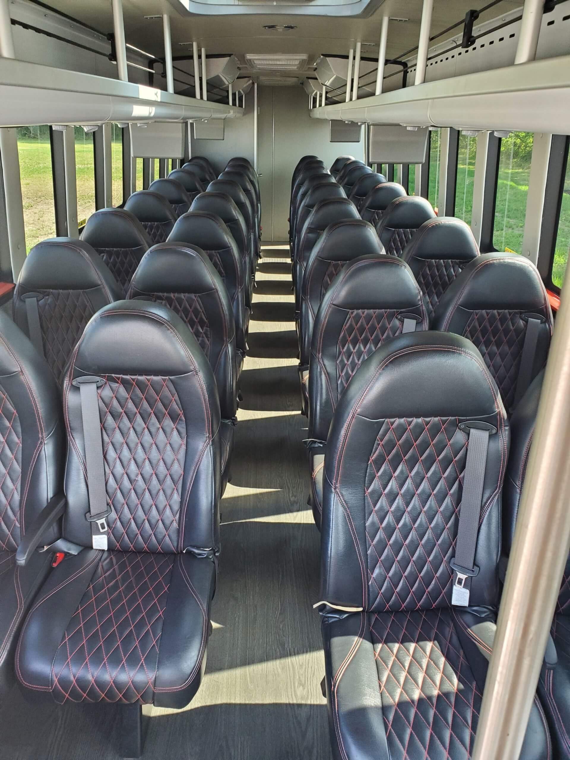 A bus with many seats in it