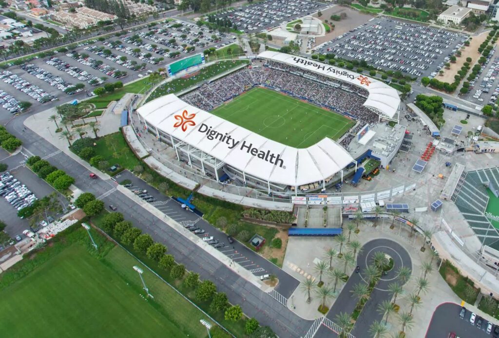 Aerial view of a large sports stadium.