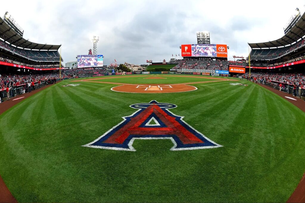 Baseball field with large "A" logo center.